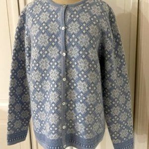 Nordic Design Lambswool Angora Cardigan Sweater M Blue Fair Isle Snowflake Bead